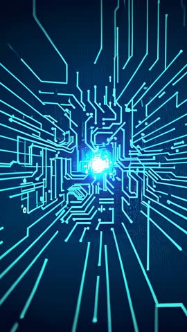 Pulsing Neon Circuit Hub Sending Cyan Data Traces in Vertical Digital Tunnel