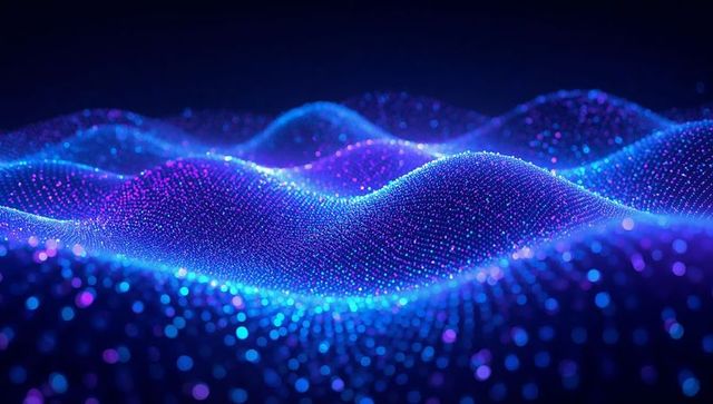 Glowing neon wave of digital particles and holographic grid, futuristic data landscape