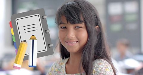 Smiling girl in classroom with notebook and pencils illustration