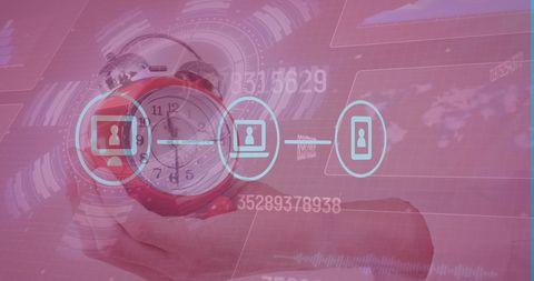 Digital Interface Over Red Alarm Clock and Hand - Download Free Stock Images Pikwizard.com