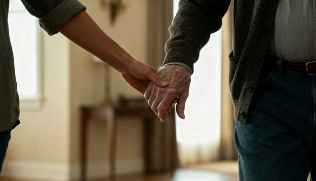 Young caregiver holding elderly man's hand offering support warmth and companionship