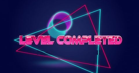 Game level completed neon glowing banner