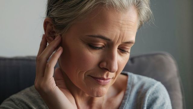 Contemplating mature woman touching neck while sitting on sofa, intimate closeup portrait