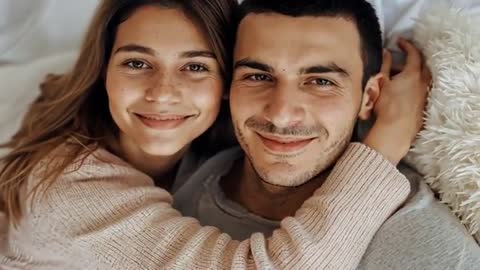 Couple Embracing in Bed Aerial View Focused on Freckles