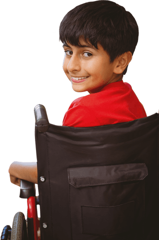 Cute boy in wheelchair with transparent background smiling