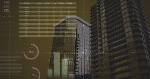Digital overlay of financial data on urban skyscrapers