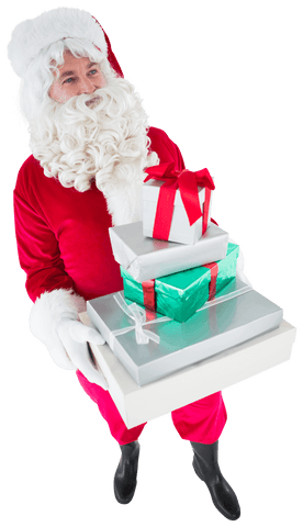 Transparent Santa Claus Holding Stack of Gifts Celebrating Christmas