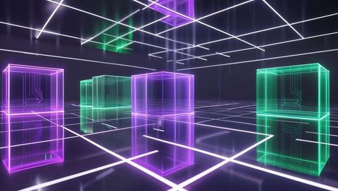Vibrant Neon Cubes in Futuristic Digital Grid Chamber