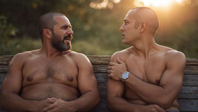 Shirtless men sitting on wooden bench chatting at golden hour showing wristwatch