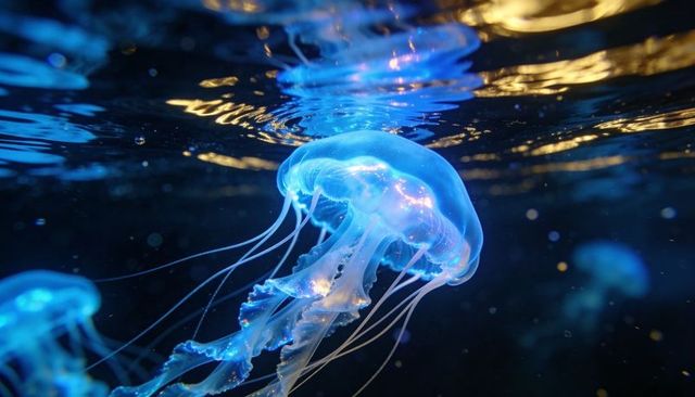 Bioluminescent jellyfish glowing blue and gold near water surface with flowing tentacles