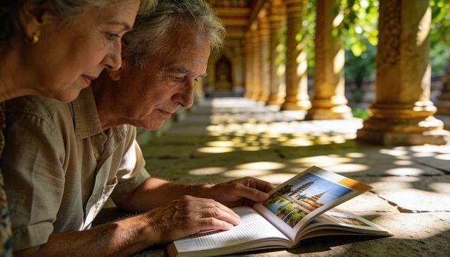 Senior couple reading travel guide showing temple while resting under golden colonnade