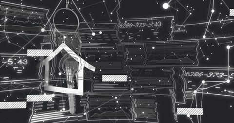 Floating metallic key hanging inside house outline with futuristic data HUD and wireframe