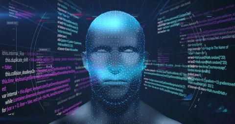 Digital AI Avatar Floating in Data Stream with Neural Point-Cloud Visualization Interface