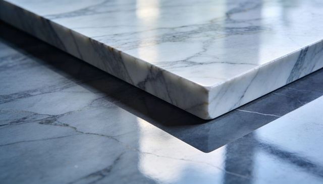 White carrara marble slab with polished bevel reflecting light on dark base