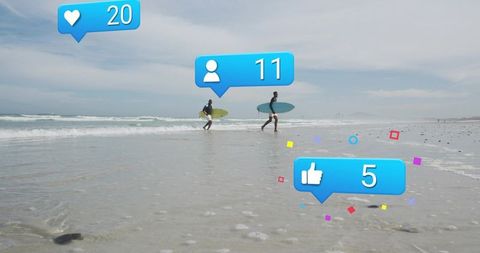 Surfers walking shoreline with social media notifications, modern beach lifestyle