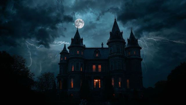 Spooky Stone Mansion Under Moonlit Thunderstorm Sky