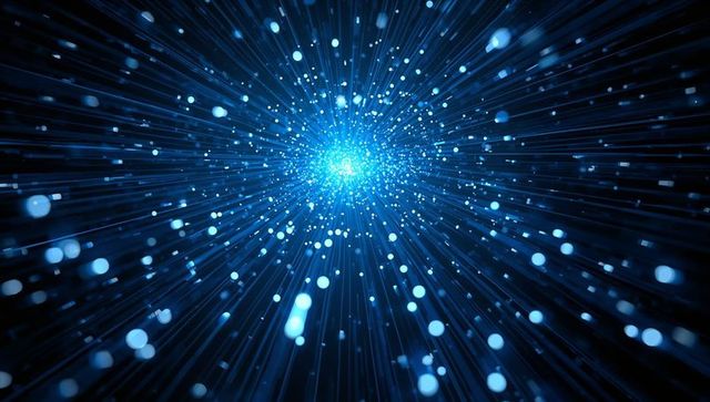 Radiating blue data burst: fiber optic light stream exploding into digital particles
