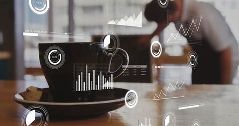 Black Coffee Cup with Floating Analytics Charts in Modern Cafe