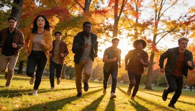 Young Adults Sprinting on Campus Lawn at Golden Hour Amid Autumn Foliage