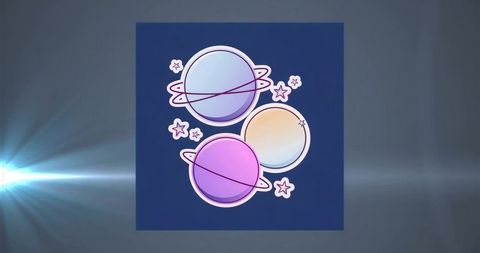 Pastel planet trio with rings and stars — whimsical cosmic sticker illustration