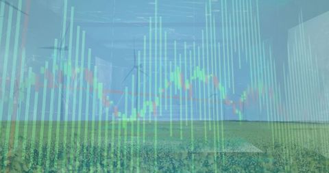 Bar chart overlay on farm with wind turbines symbolizing green innovation