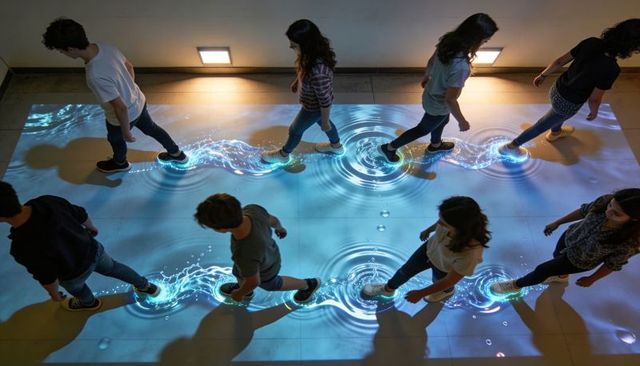 Visitors walking across interactive floor projection creating turquoise ripple trails