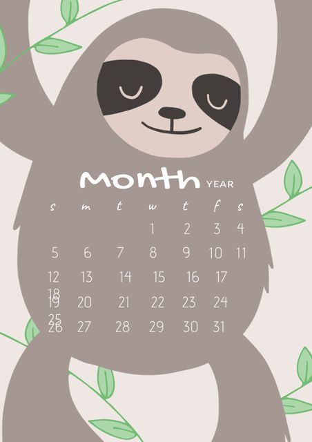 Cute sloth-themed calendar template featuring a playful and whimsical design. Illustrates an adorable sloth hanging with leaves, perfect for adding a fun touch to any month. Ideal for creating customized calendars, kids' room decor, planner inserts, or stationery products.