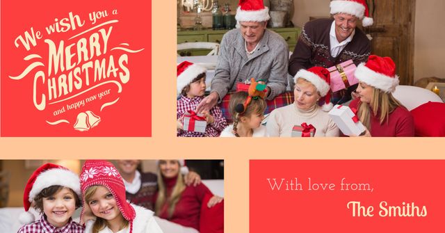 Celebrating festive joy, a family gathers to exchange gifts, embodying the warmth of Christmas. Ideal for personalized holiday cards, this template can also be adapted for festive event invitations or seasonal newsletters.