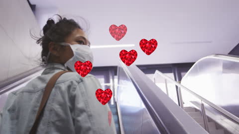 Woman in Face Mask with Floating Heart Icons on Escalator