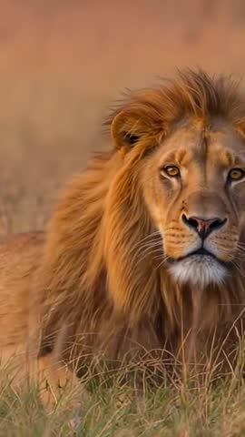 Lion Lying Low Gazing After Rustle in Tall Golden Grass | Vertical Wildlife Video