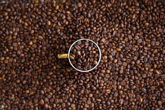 Ideal for use in coffee shop branding, café menus, promotional materials for coffee-related products, food and beverage blogs, or as a decorative background image. Perfect for showcasing the richness and texture of roasted coffee beans.
