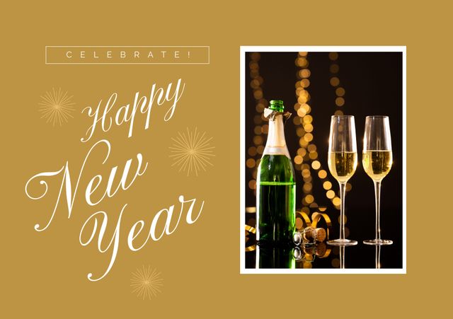 Image of celebrate a happy new year, bottle and glasses with champagne and yellow background. New year, party and celebration concept.