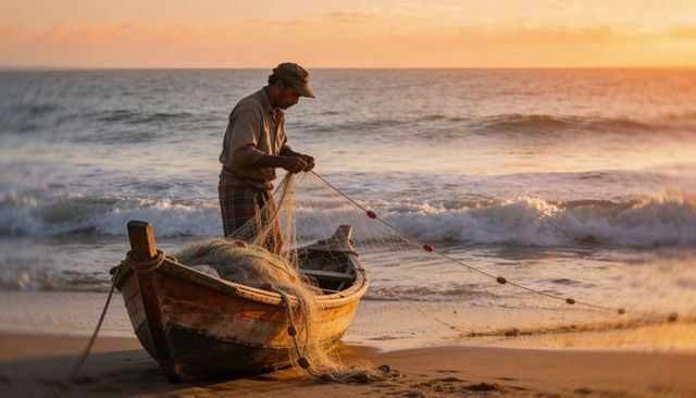 Fisherman mending net on wooden boat at golden hour on quiet sandy shore