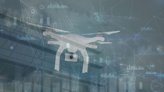 This video showcases a drone camera flying in front of a modern skyscraper, highlighting the integration of technology in urban environments. The network connections and data analytics overlay emphasize themes of global networking and advanced business technologies. Ideal for use in presentations, articles, or marketing materials related to urban technology solutions, drone applications, and smart city developments.