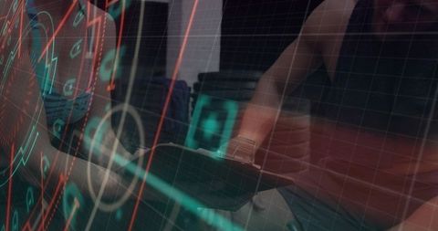 Hands collaborating over smartphone with ar hud and teal orange data glow in tech hub