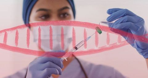 Nurse drawing vaccine from vial with red dna helix overlay for genetic medicine concept