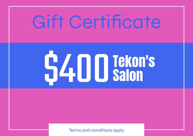 Bright and modern gift certificate for Tekon's Salon featuring prominent $400 value on pink and blue background. Perfect for advertising salon promotions, beautician services, and special offers. Ideal for use in marketing materials, vouchers, and customer rewards.