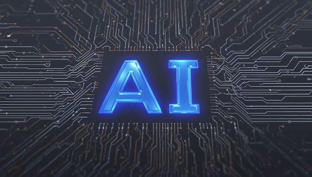 Glowing blue ai letters on digital circuit board future technology