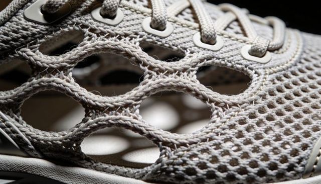Light gray sneaker upper showing woven mesh braided overlays metal eyelets macro closeup