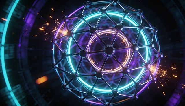 Neon geodesic sphere emitting sparks and rings in futuristic sci-fi circuit chamber