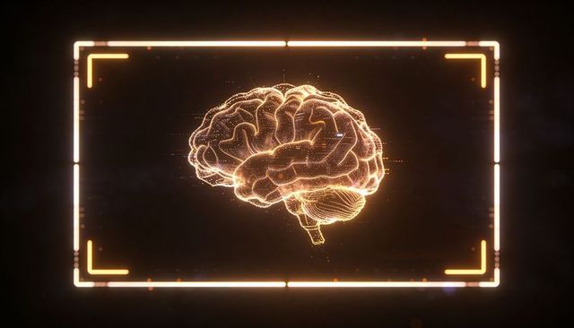 Glowing holographic brain floating in neon frame futuristic ai neuroscience visualization