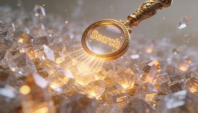 Ornate gold magnifier illuminating digital circuitry inside amber crystals for discovery