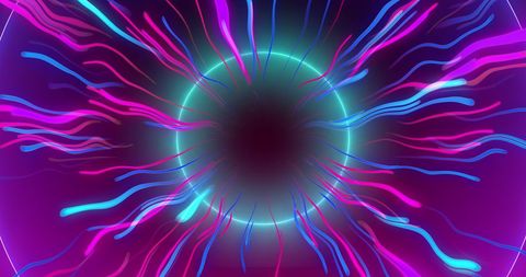 Abstract neon circles and light trails on black background