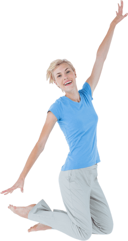 Joyful blond woman jumping with open arms on transparent background