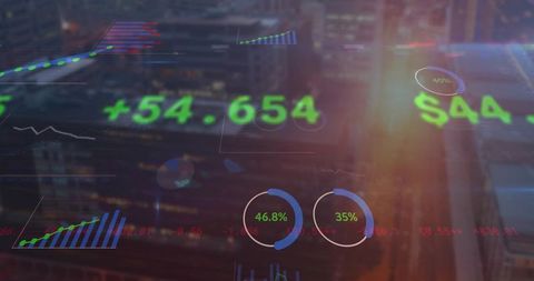 Financial data visualization over urban cityscape at dusk