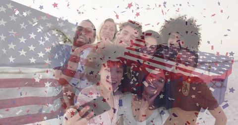 Friends beach selfie celebrating independence day with american flag overlay and confetti