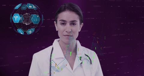 Female Doctor with Futuristic Medical Interface in Purple Digital Space