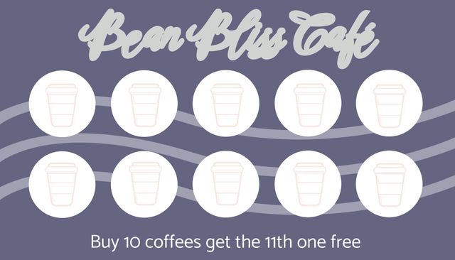 Modern loyalty card design for coffee shop customers. Features ten outlined coffee cup icons and a promotional message at the bottom. Ideal for cafes aiming to engage customers and promote return visits. Great for small businesses looking to implement or enhance a client loyalty program.