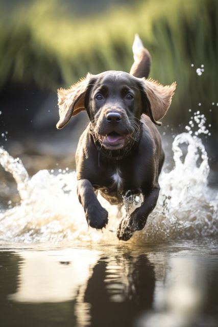 Lively German Shorthaired Pointer running through water, splashing joyfully in an outdoor setting. Ideal for use in advertisements for pet products, social media posts showcasing energetic dogs, or promotional material for outdoor activity equipment. Perfect for highlighting themes of playfulness, energy, and the natural joy of pets.