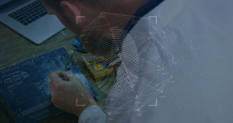 Technician Analyzing Circuit Design with Digital Fingerprint Overlay - Download Free Stock Images Pikwizard.com